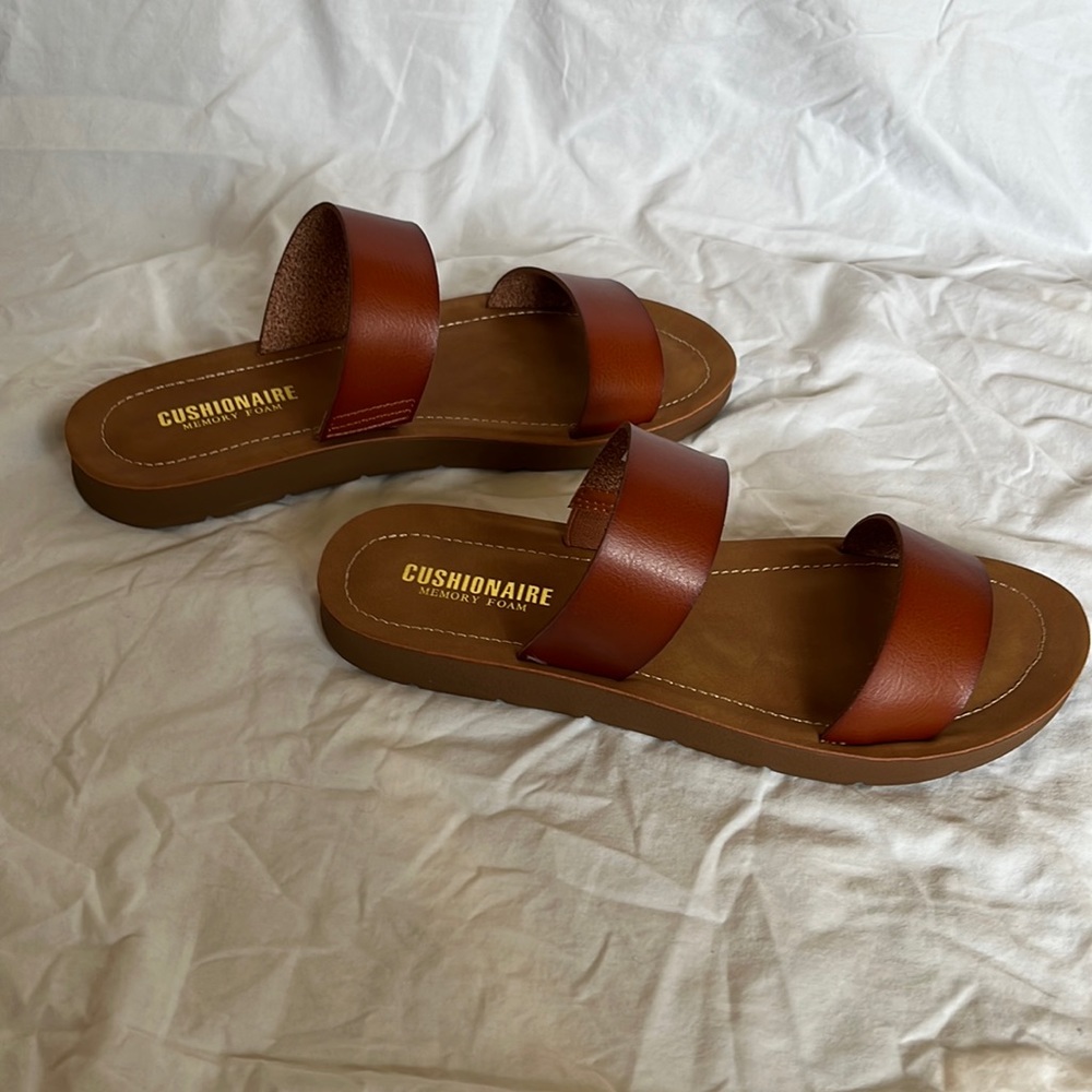 Cushionaire Women's Tan Double-Strap Slide Sandals